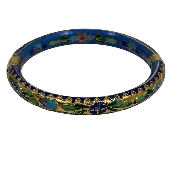 Vintage Cloisonne Textured Hinged Bangle Bracelet Gold Tone Floral Enamel Design - Picture 1 of 7